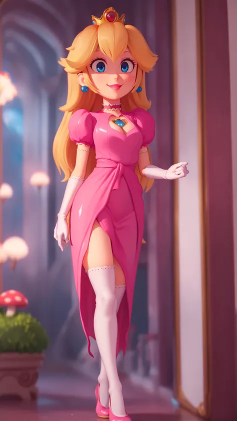 highres,masterpiece,bloom,perfect lighting,(cinematic lighting),adult,perfect skin,female,cowboy shot,smile,narrow waist,skinny,choker,detailed eyes,blue eyes,sensual,mushrooms,mushroom kingdom,pink lips,(glossy lips:1.21),pursed lips,pink pumps,glossy skin,oily skin,beautiful light,(day:1.3),bright,looking at viewer,long hair,blonde hair,cleavage cutout,pink long dress,<lora:mpeachv3:0.8>,1girl,princess peach,white thighhighs,white gloves,