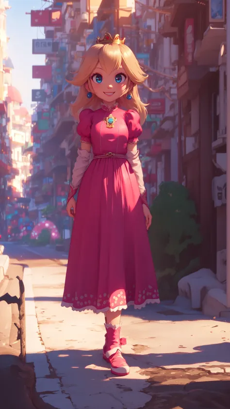 8k,highres, wallpaper, best quality, 3d animation, 1girl, looking at viewer, crown, pink long dress, outdoors, street, smile, <lora:mpeachv3:0.8>