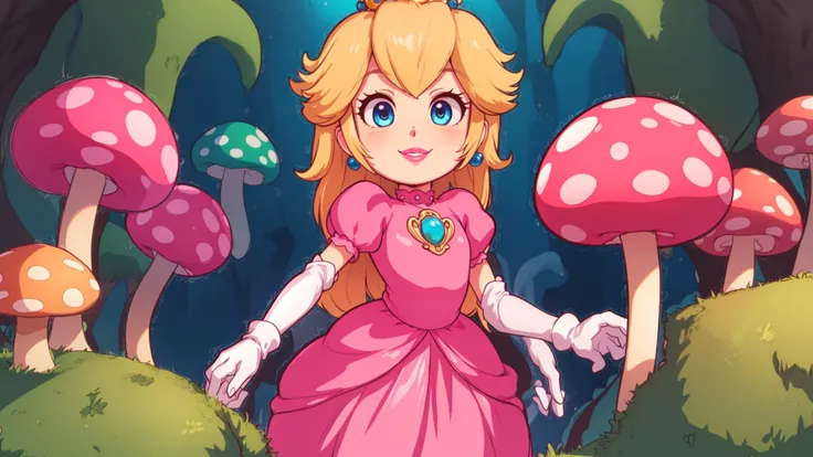 highres,masterpiece,bloom,perfect lighting,cinematic lighting,adult,perfect skin,female,cowboy shot,smile,narrow waist,skinny,(princesspeach:1.1),choker,detailled eyes,blue eyes,sensual,mushrooms,mushroom kingdom,pink lips,(glossy lips:1.21),pursed lips,pink pumps,glossy skin,oily skin,beautiful light,(day:1.3),bright,looking at viewer,pink dress,<lora:mpeachv3:0.8>,