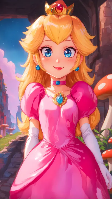 highres,bright,beautiful light,masterpiece,perfect lighting,bloom,cinematic lighting,cowboy shot,adult,choker,blue eyes,sensual,mushrooms,mushroom kingdom,(day:1.3),looking at viewer,(PrincessPeach),female,skinny,<lora:mpeachv6:0.8>,smile,pursed lips,((glossy lips)),narrow waist,perfect skin,detailed eyes,pink lips,shiny,oily skin,glossy skin,shiny clothes,