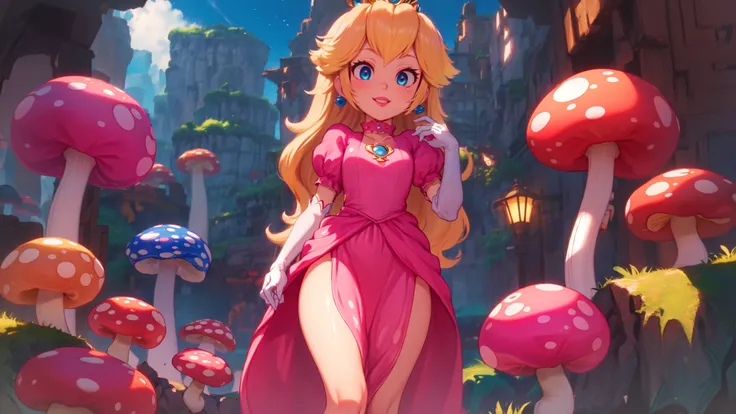 highres,masterpiece,bloom,perfect lighting,cinematic lighting,adult,perfect skin,female,cowboy shot,smile,narrow waist,skinny,(princesspeach:1.1),choker,detailled eyes,blue eyes,sensual,mushrooms,mushroom kingdom,pink lips,(glossy lips:1.21),pursed lips,pink pumps,glossy skin,oily skin,beautiful light,(day:1.3),bright,looking at viewer,pink dress,<lora:mpeachv3:0.8>,