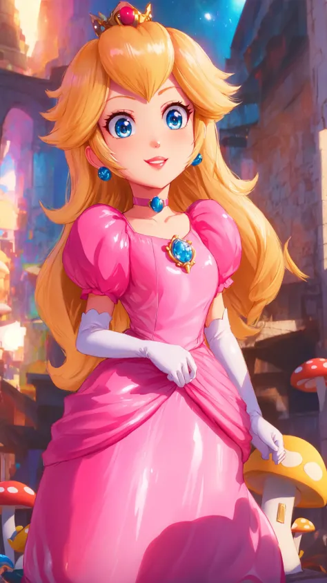 highres,bright,beautiful light,masterpiece,perfect lighting,bloom,cinematic lighting,cowboy shot,adult,choker,blue eyes,sensual,mushrooms,mushroom kingdom,(day:1.3),looking at viewer,(PrincessPeach),female,skinny,<lora:mpeachv6:0.8>,smile,pursed lips,((glossy lips)),narrow waist,perfect skin,detailed eyes,pink lips,shiny,oily skin,glossy skin,shiny clothes,