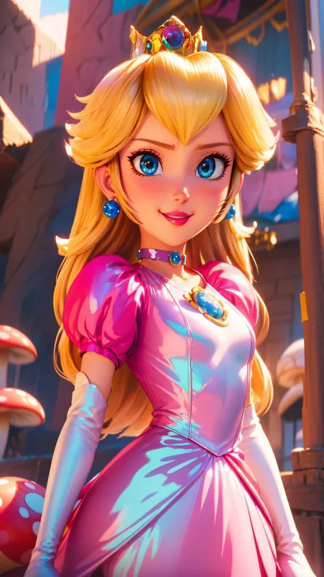 highres,bright,beautiful light,masterpiece,perfect lighting,bloom,cinematic lighting,cowboy shot,adult,choker,blue eyes,sensual,mushrooms,mushroom kingdom,(day:1.3),looking at viewer,(PrincessPeach),female,skinny,<lora:mpeachv6:0.8>,smile,pursed lips,((glossy lips)),narrow waist,perfect skin,detailed eyes,pink lips,shiny,oily skin,glossy skin,shiny clothes,