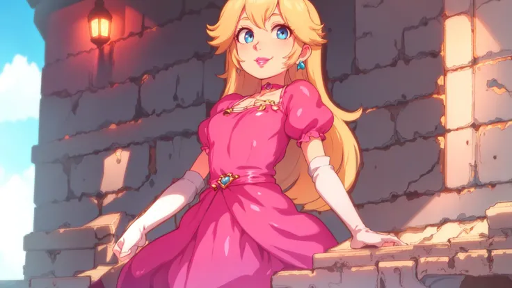 smile,1girl,blue eyes,(pink dress:1.1),long hair,blonde hair,skinny,female,adult,choker,highres,masterpiece,bloom,perfect lighting,cinematic lighting,perfect skin,cowboy shot,narrow waist,detailed eyes,sensual,pink lips,(glossy lips:1.21),pursed lips,pink pumps,glossy skin,oily skin,beautiful light,(day:1.3),bright,looking at viewer,castle,<lora:mpeachv3:0.8>,