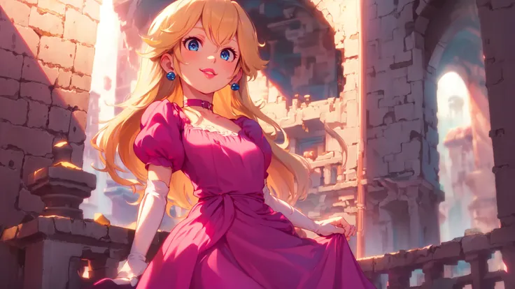 smile,1girl,blue eyes,(pink dress:1.1),long hair,blonde hair,skinny,female,adult,choker,highres,masterpiece,bloom,perfect lighting,cinematic lighting,perfect skin,cowboy shot,narrow waist,detailed eyes,sensual,pink lips,(glossy lips:1.21),pursed lips,pink pumps,glossy skin,oily skin,beautiful light,(day:1.3),bright,looking at viewer,castle,<lora:mpeachv3:0.8>,