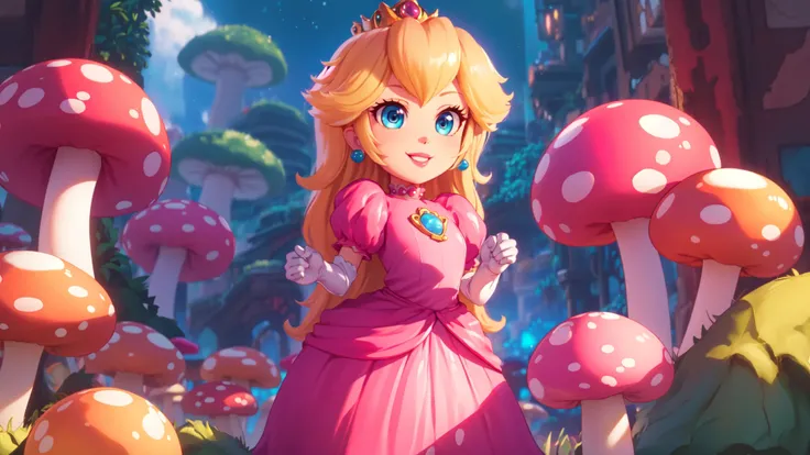 highres,masterpiece,bloom,perfect lighting,cinematic lighting,adult,perfect skin,female,cowboy shot,smile,narrow waist,skinny,(princesspeach:1.1),choker,detailled eyes,blue eyes,sensual,mushrooms,mushroom kingdom,pink lips,(glossy lips:1.21),pursed lips,pink pumps,glossy skin,oily skin,beautiful light,(day:1.3),bright,looking at viewer,pink dress,<lora:mpeachv3:0.8>,