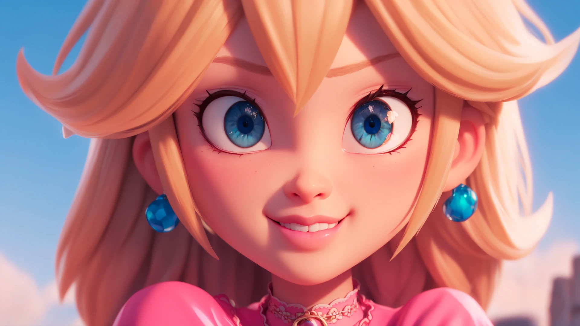 smile,1girl,blue eyes,(pink dress:1.1),long hair,blonde hair,skinny,female,adult,choker,highres,masterpiece,bloom,perfect lighting,cinematic lighting,perfect skin,cowboy shot,narrow waist,detailed eyes,sensual,pink lips,(glossy lips:1.21),pursed lips,pink pumps,glossy skin,oily skin,beautiful light,(day:1.3),bright,looking at viewer,castle,<lora:mpeachv3:0.8>,