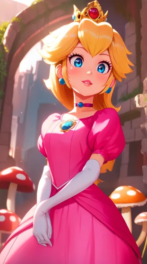 highres,bright,beautiful light,masterpiece,perfect lighting,bloom,cinematic lighting,cowboy shot,adult,choker,blue eyes,sensual,mushrooms,mushroom kingdom,(day:1.3),looking at viewer,(princesspeach:1.1),female,skinny,<lora:mpeachv6:0.8>,smile,pursed lips,(glossy lips:1.21),narrow waist,perfect skin,detailed eyes,(skin tight:1.1),pink lips,pink pumps,shiny,oily skin,glossy skin,