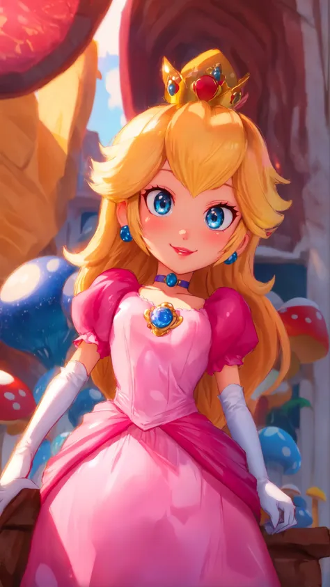 highres,bright,beautiful light,masterpiece,perfect lighting,bloom,cinematic lighting,cowboy shot,adult,choker,blue eyes,sensual,mushrooms,mushroom kingdom,(day:1.3),looking at viewer,(PrincessPeach),female,skinny,<lora:mpeachv6:0.8>,smile,pursed lips,((glossy lips)),narrow waist,perfect skin,detailed eyes,pink lips,shiny,oily skin,glossy skin,shiny clothes,