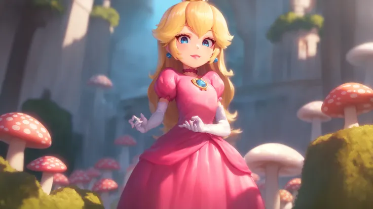 highres,masterpiece,bloom,perfect lighting,cinematic lighting,adult,perfect skin,female,cowboy shot,smile,narrow waist,skinny,(princesspeach:1.1),choker,detailled eyes,blue eyes,sensual,mushrooms,mushroom kingdom,pink lips,(glossy lips:1.21),pursed lips,pink pumps,glossy skin,oily skin,beautiful light,(day:1.3),bright,looking at viewer,pink dress,<lora:mpeachv3:0.8>,