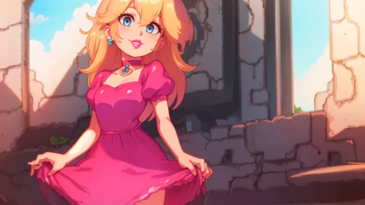 smile,1girl,blue eyes,(pink dress:1.1),long hair,blonde hair,skinny,female,adult,choker,highres,masterpiece,bloom,perfect lighting,cinematic lighting,perfect skin,cowboy shot,narrow waist,detailed eyes,sensual,pink lips,(glossy lips:1.21),pursed lips,pink pumps,glossy skin,oily skin,beautiful light,(day:1.3),bright,looking at viewer,castle,<lora:mpeachv3:0.8>,