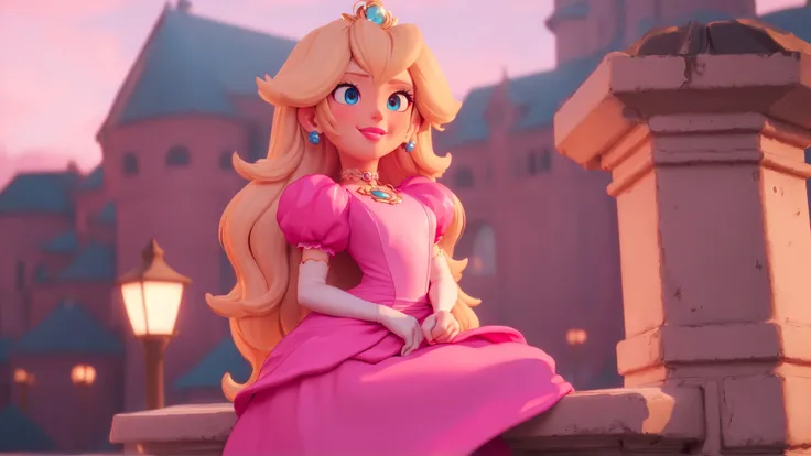 smile,1girl,blue eyes,(pink dress:1.1),long hair,blonde hair,skinny,female,adult,choker,highres,masterpiece,bloom,perfect lighting,cinematic lighting,perfect skin,cowboy shot,narrow waist,detailed eyes,sensual,pink lips,(glossy lips:1.21),pursed lips,pink pumps,glossy skin,oily skin,beautiful light,(day:1.3),bright,looking at viewer,castle,<lora:mpeachv3:0.8>,