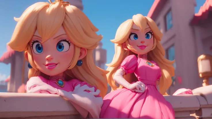 smile,1girl,blue eyes,(pink dress:1.1),long hair,blonde hair,skinny,female,adult,choker,highres,masterpiece,bloom,perfect lighting,cinematic lighting,perfect skin,cowboy shot,narrow waist,detailed eyes,sensual,pink lips,(glossy lips:1.21),pursed lips,pink pumps,glossy skin,oily skin,beautiful light,(day:1.3),bright,looking at viewer,castle,<lora:mpeachv3:0.8>,
