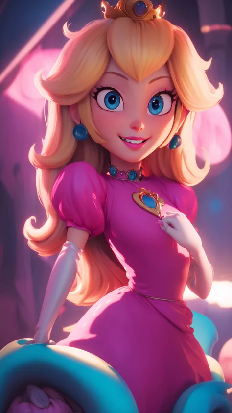 highres,masterpiece,bloom,perfect lighting,cinematic lighting,adult,perfect skin,female,cowboy shot,smile,narrow waist,skinny,(princesspeach:1.1),choker,detailled eyes,blue eyes,sensual,mushrooms,mushroom kingdom,pink lips,(glossy lips:1.21),pursed lips,pink pumps,glossy skin,oily skin,beautiful light,(day:1.3),bright,looking at viewer,pink dress,<lora:mpeachv3:0.8>,