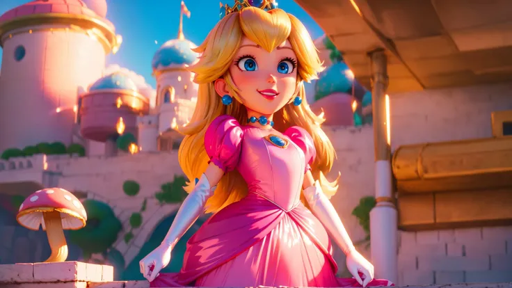 highres,bright,beautiful light,masterpiece,perfect lighting,bloom,cinematic lighting,cowboy shot,adult,choker,blue eyes,sensual,mushrooms,mushroom kingdom,(day:1.3),looking at viewer,(PrincessPeach),female,skinny,<lora:mpeachv6:0.8>,smile,pursed lips,((glossy lips)),narrow waist,perfect skin,detailed eyes,pink lips,shiny,oily skin,glossy skin,shiny clothes,princess peach,pink dress,crown,