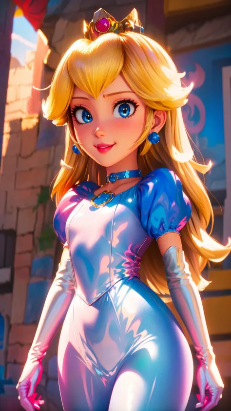 highres,bright,beautiful light,masterpiece,perfect lighting,bloom,cinematic lighting,cowboy shot,adult,choker,blue eyes,sensual,mushrooms,mushroom kingdom,(day:1.3),looking at viewer,(PrincessPeach),female,skinny,<lora:mpeachv6:0.8>,smile,pursed lips,((glossy lips)),narrow waist,perfect skin,detailed eyes,pink lips,shiny,oily skin,glossy skin,shiny clothes,