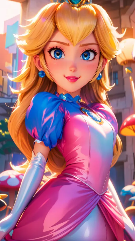 highres,bright,beautiful light,masterpiece,perfect lighting,bloom,cinematic lighting,cowboy shot,adult,choker,blue eyes,sensual,mushrooms,mushroom kingdom,(day:1.3),looking at viewer,(PrincessPeach),female,skinny,<lora:mpeachv6:0.8>,smile,pursed lips,((glossy lips)),narrow waist,perfect skin,detailed eyes,pink lips,shiny,oily skin,glossy skin,shiny clothes,