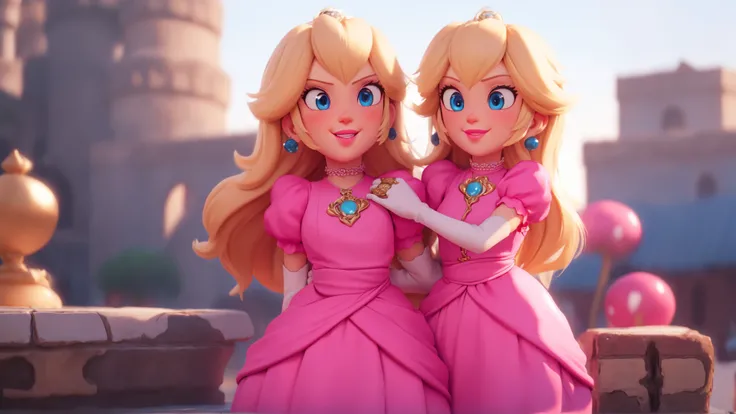 smile,1girl,blue eyes,(pink dress:1.1),long hair,blonde hair,skinny,female,adult,choker,highres,masterpiece,bloom,perfect lighting,cinematic lighting,perfect skin,cowboy shot,narrow waist,detailed eyes,sensual,pink lips,(glossy lips:1.21),pursed lips,pink pumps,glossy skin,oily skin,beautiful light,(day:1.3),bright,looking at viewer,castle,<lora:mpeachv3:0.8>,