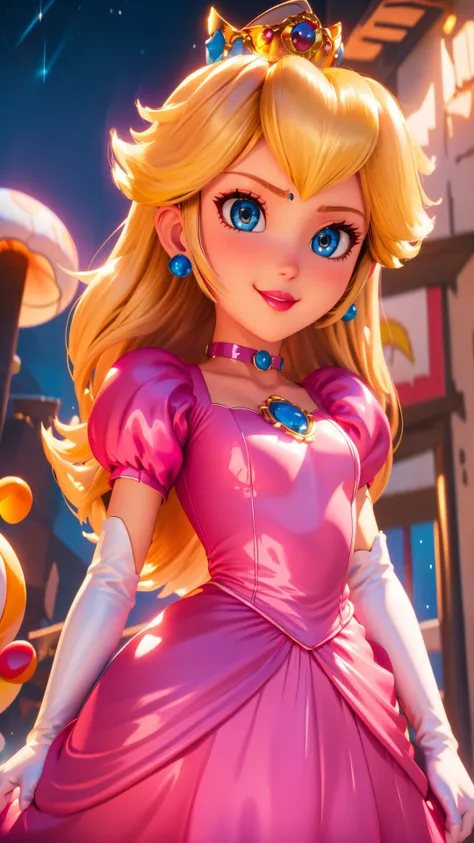 highres,bright,beautiful light,masterpiece,perfect lighting,bloom,cinematic lighting,cowboy shot,adult,choker,blue eyes,sensual,mushrooms,mushroom kingdom,(day:1.3),looking at viewer,(PrincessPeach),female,skinny,<lora:mpeachv6:0.8>,smile,pursed lips,((glossy lips)),narrow waist,perfect skin,detailed eyes,pink lips,shiny,oily skin,glossy skin,shiny clothes,