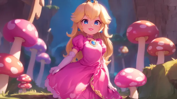 highres,masterpiece,bloom,perfect lighting,cinematic lighting,adult,perfect skin,female,cowboy shot,smile,narrow waist,skinny,(princesspeach:1.1),choker,detailled eyes,blue eyes,sensual,mushrooms,mushroom kingdom,pink lips,(glossy lips:1.21),pursed lips,pink pumps,glossy skin,oily skin,beautiful light,(day:1.3),bright,looking at viewer,pink dress,<lora:mpeachv3:0.8>,