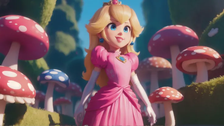 highres,masterpiece,bloom,perfect lighting,cinematic lighting,adult,perfect skin,female,cowboy shot,smile,narrow waist,skinny,(princesspeach:1.1),choker,detailled eyes,blue eyes,sensual,mushrooms,mushroom kingdom,pink lips,(glossy lips:1.21),pursed lips,pink pumps,glossy skin,oily skin,beautiful light,(day:1.3),bright,looking at viewer,pink dress,<lora:mpeachv3:0.8>,