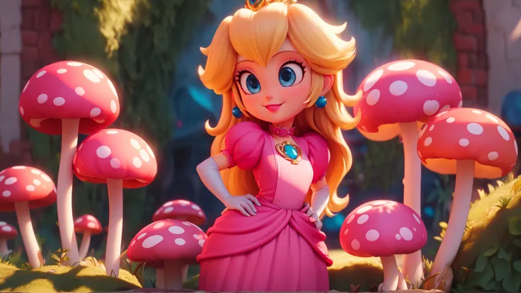 highres,masterpiece,bloom,perfect lighting,cinematic lighting,adult,perfect skin,female,cowboy shot,smile,narrow waist,skinny,(princesspeach:1.1),choker,detailled eyes,blue eyes,sensual,mushrooms,mushroom kingdom,pink lips,(glossy lips:1.21),pursed lips,pink pumps,glossy skin,oily skin,beautiful light,(day:1.3),bright,looking at viewer,pink dress,<lora:mpeachv3:0.8>,