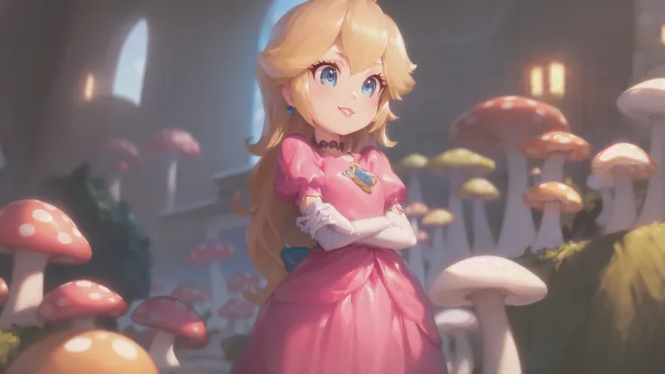 highres,masterpiece,bloom,perfect lighting,cinematic lighting,adult,perfect skin,female,cowboy shot,smile,narrow waist,skinny,(princesspeach:1.1),choker,detailled eyes,blue eyes,sensual,mushrooms,mushroom kingdom,pink lips,(glossy lips:1.21),pursed lips,pink pumps,glossy skin,oily skin,beautiful light,(day:1.3),bright,looking at viewer,pink dress,<lora:mpeachv3:0.8>,