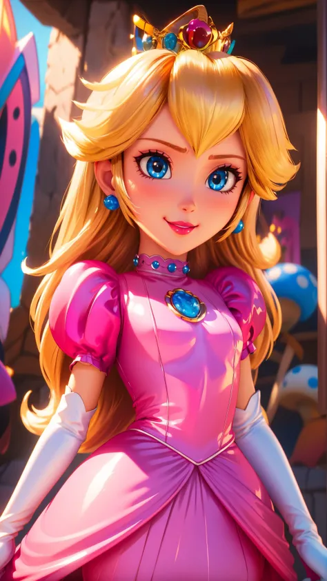 highres,bright,beautiful light,masterpiece,perfect lighting,bloom,cinematic lighting,cowboy shot,adult,choker,blue eyes,sensual,mushrooms,mushroom kingdom,(day:1.3),looking at viewer,(PrincessPeach),female,skinny,<lora:mpeachv6:0.8>,smile,pursed lips,((glossy lips)),narrow waist,perfect skin,detailed eyes,pink lips,shiny,oily skin,glossy skin,shiny clothes,