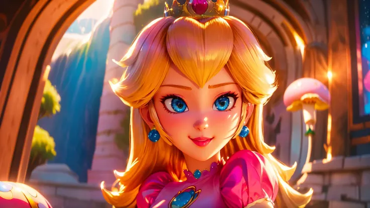 highres,bright,beautiful light,masterpiece,perfect lighting,bloom,cinematic lighting,cowboy shot,adult,choker,blue eyes,sensual,mushrooms,mushroom kingdom,(day:1.3),looking at viewer,(PrincessPeach),female,skinny,<lora:mpeachv6:0.8>,smile,pursed lips,((glossy lips)),narrow waist,perfect skin,detailed eyes,pink lips,shiny,oily skin,glossy skin,shiny clothes,princess peach,pink dress,crown,