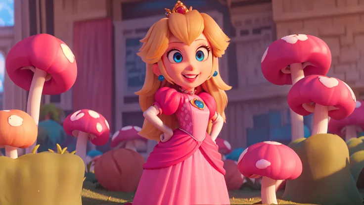highres,masterpiece,bloom,perfect lighting,cinematic lighting,adult,perfect skin,female,cowboy shot,smile,narrow waist,skinny,(princesspeach:1.1),choker,detailled eyes,blue eyes,sensual,mushrooms,mushroom kingdom,pink lips,(glossy lips:1.21),pursed lips,pink pumps,glossy skin,oily skin,beautiful light,(day:1.3),bright,looking at viewer,pink dress,<lora:mpeachv3:0.8>,