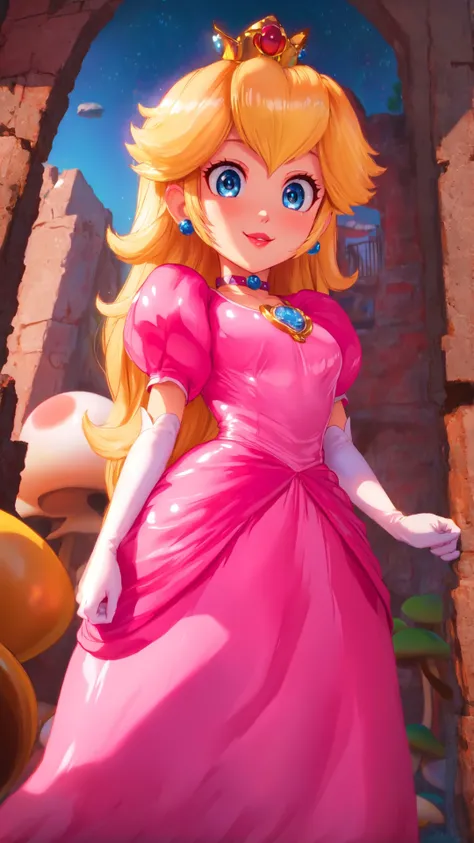 highres,bright,beautiful light,masterpiece,perfect lighting,bloom,cinematic lighting,cowboy shot,adult,choker,blue eyes,sensual,mushrooms,mushroom kingdom,(day:1.3),looking at viewer,(PrincessPeach),female,skinny,<lora:mpeachv6:0.8>,smile,pursed lips,((glossy lips)),narrow waist,perfect skin,detailed eyes,pink lips,shiny,oily skin,glossy skin,shiny clothes,