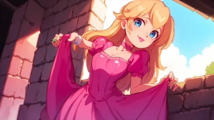 smile,1girl,blue eyes,(pink dress:1.1),long hair,blonde hair,skinny,female,adult,choker,highres,masterpiece,bloom,perfect lighting,cinematic lighting,perfect skin,cowboy shot,narrow waist,detailed eyes,sensual,pink lips,(glossy lips:1.21),pursed lips,pink pumps,glossy skin,oily skin,beautiful light,(day:1.3),bright,looking at viewer,castle,<lora:mpeachv3:0.8>,