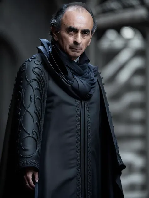 Zemmour, half body, Dark and brooding vampire cloak with flowing cape and intricate embroidery, photography, trending on artstation, sharp focus, intricate details, by greg rutkowski <lora:Zemmour:0.8>