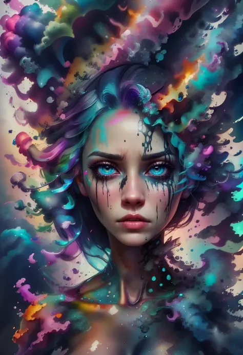 1girl, solo, picture of a beautiful dissolving woman, looking at viewer, intricate, absurdres, highest-quality, extremely-detailed, masterpiece, 8k UHD, 4k HDR, RAW photograph, film-grain, <lora:depth_of_field_slider_v1:8> <lora:EdobWomanAquarel_v1.0:0.7> <lora:ral-dissolve-sd15:0.9> ral-dissolve <lora:LowRA:0.6> <lora:color_slider_v10:3> <lora:colorful_fumes:0.7> colorful_fumes, (drips:0.7), sad, melancholic, <lora:contrast_slider_v10:-2>