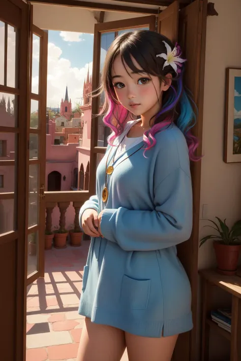 1girl, (by Maggie Laubser:0.9) , figurativism art, colorful Unity Engine, behance, landscape of a Snug Miserable ([Cape:San Miguel de Allende:1]:1.3) from inside of a Hoi An, Zulu indoors with Lily, at Overcast, Sketched, Sci-Fi, avant-garde, soft lighting, telephoto lens, Film grain, Spirals, vibrant, photolab, masterpiece, vivid