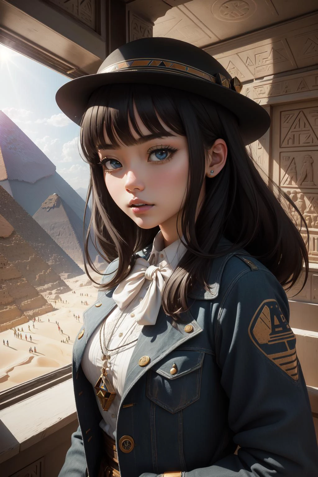 1girl, (photography art stylized by Joel Sternfeld:0.8) and (Casey Baugh:1.0) and (Alex Petruk (APe) :1.1) , landscape art, masterwork Chalk painting, Atomic Age fauna with Locust, majestic, landscape of a [Preposterous:Ghostly:8] Horrifying ([Tashkent:The Great Pyramid of Giza:2]:1.3) from inside of a Duomo di Milano, Foggy conditions, Maximalist, Grim, K-pop, Sun Rays, F/8, dark white and electric indigo hue, Dufaycolor Photograph, intricate details, lots of details, octane engine