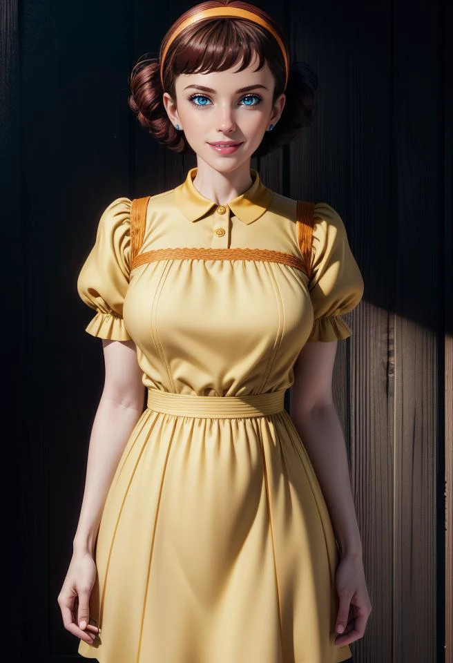1girl, solo, (half body shot:1.3), <lora:Giliora005:0.7> Giliora, dark brown hair, (smile), <lora:breastsizeslideroffset:0.1> , intricate, absurdres, highest quality, extremely detailed, masterpiece, 8k UHD, 4k HDR, RAW photograph, film grain, <lora:depth_of_field_slider_v1:7> <lora:LowRA:0.5> <lora:add_detail:1.3> orange hairband, yellow collared puff sleeve short sleeve dress,