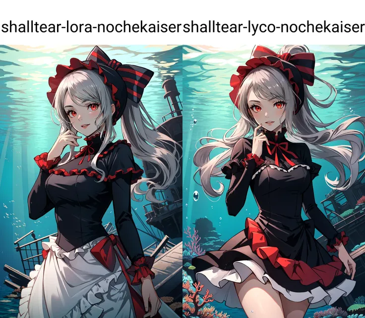 (masterpiece, best quality), intricate details,
1girl, <lora:shalltear-lora-nochekaiser:0.8> shalltear, grey hair, long hair, (red eyes:1.5), silver hair,, black dress, bonnet, bow, dress, frilled dress, frills, large bow, long sleeves, vampire,,
underwater, swimming, coral reef, shipwreck, ocean,
