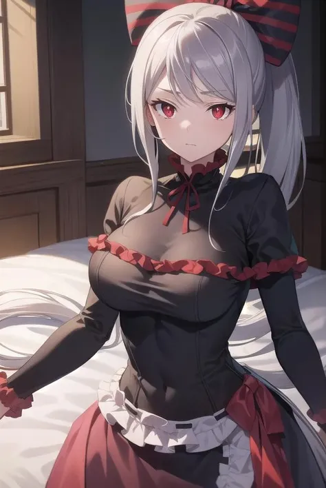 shalltear, <lora:shalltear-lora-nochekaiser:1>,
shalltear, grey hair, long hair, (red eyes:1.5), silver hair, ponytail,
BREAK black dress, bonnet, bow, dress, frilled dress, frills, large bow, long sleeves, vampire,
BREAK looking at viewer,
BREAK indoors, bed,
BREAK <lyco:GoodHands-beta2:1>, (masterpiece:1.2), best quality, high resolution, unity 8k wallpaper, (illustration:0.8), (beautiful detailed eyes:1.6), extremely detailed face, perfect lighting, extremely detailed CG, (perfect hands, perfect anatomy),