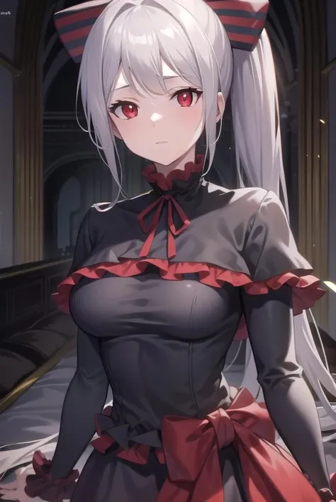 shalltear, <lora:shalltear-lora-nochekaiser:1>,
shalltear, grey hair, long hair, (red eyes:1.5), silver hair, ponytail,
BREAK black dress, bonnet, bow, dress, frilled dress, frills, large bow, long sleeves, vampire,
BREAK looking at viewer,
BREAK indoors, bed,
BREAK <lyco:GoodHands-beta2:1>, (masterpiece:1.2), best quality, high resolution, unity 8k wallpaper, (illustration:0.8), (beautiful detailed eyes:1.6), extremely detailed face, perfect lighting, extremely detailed CG, (perfect hands, perfect anatomy),