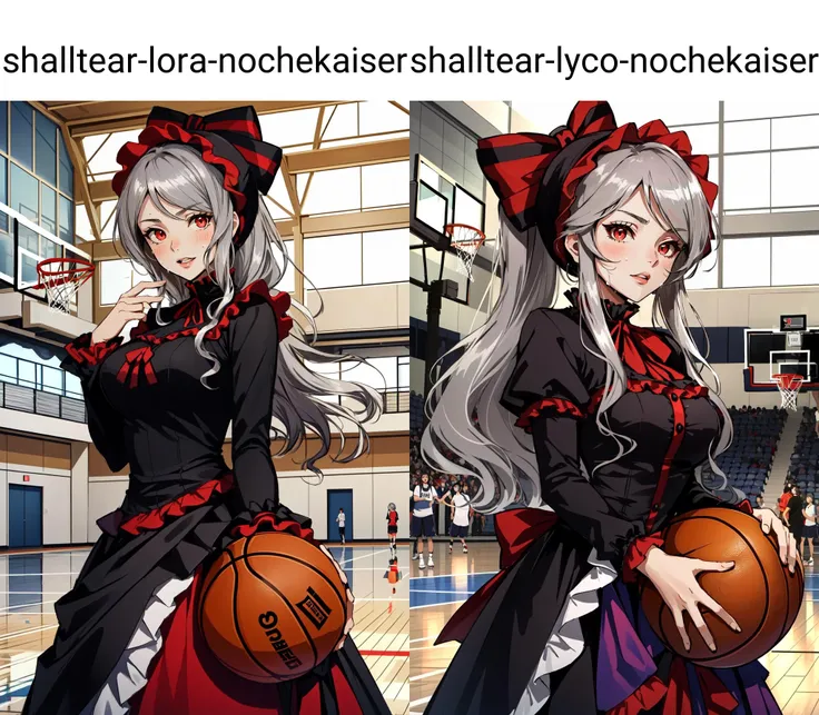 (masterpiece, best quality), intricate details,
1girl, <lora:shalltear-lora-nochekaiser:0.8> shalltear, grey hair, long hair, (red eyes:1.5), silver hair,, black dress, bonnet, bow, dress, frilled dress, frills, large bow, long sleeves, vampire,,
basketball court, gym, indoors, sweating, hot, playing basketball,