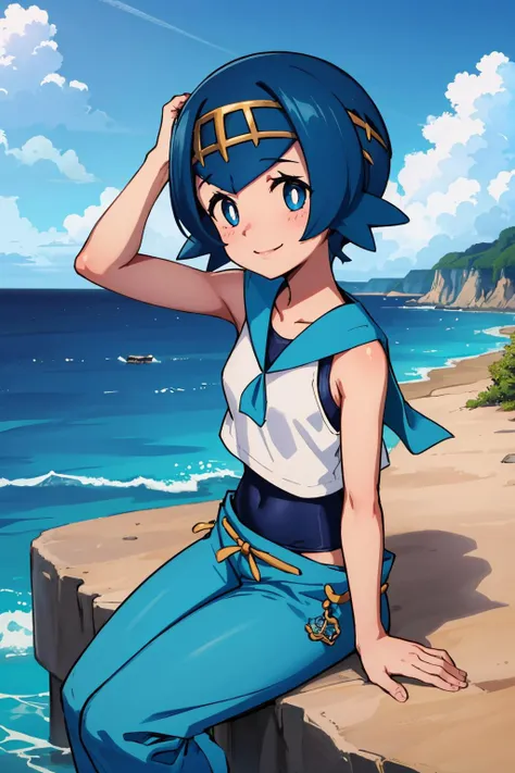 masterpiece, best quality, <lora:pkmnlana-nvwls-v1-000009:1> pkmnLana, white pupils, headband, blue sailor collar, sleeveless white shirt, swimsuit under clothes, blue pants, sitting, rock formations, cliff, ocean, blue sky, looking up, smile