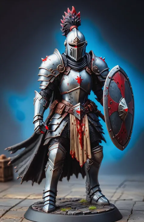 Digital photography, painted miniature, toy, action figure, bloody warrior, wearing dark armor, carrying a damaged shield, helmet with facemask open, artgerm, HDR, 4k, tabletop RPG setting, Cool color palette, ring lighting, full body view <lora:TabletopRay:1> <lora:Oil Gothic Painting Style SDXL_LoRA_Pony Diffusion V6:1>