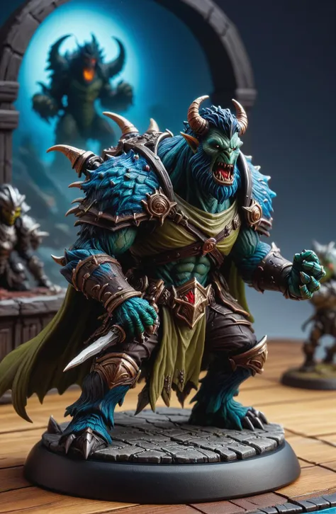 Macro shot, Digital photography, painted miniature, toy, action figure, monster, inspired by tabletop games, meticulously crafted and rich in detail, positioned within a miniature set representing a battle scene, artgerm, HDR, 4k, tabletop setting, ring lighting, full body view <lora:TabletopRay:1> <lora:Oil Gothic Painting Style SDXL_LoRA_Pony Diffusion V6:1>The background features elements in miniature scale.