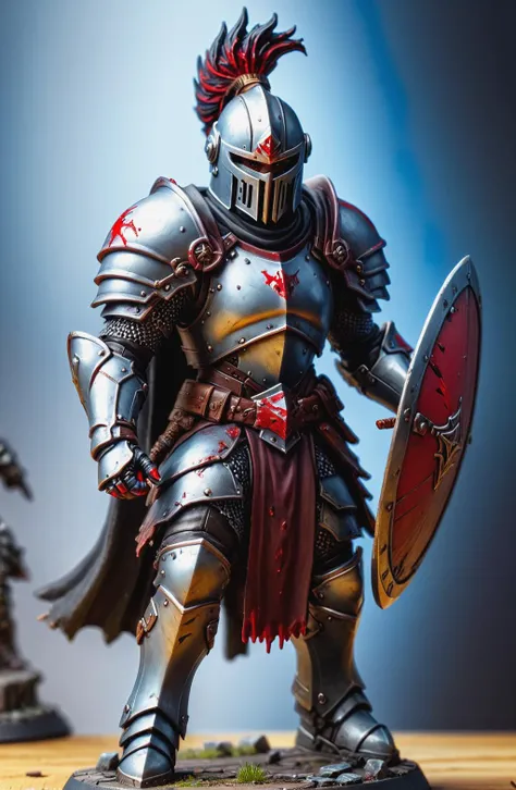Digital photography, painted miniature, toy, action figure, bloody warrior, wearing dark armor, carrying a damaged shield, helmet with facemask open, artgerm, HDR, 4k, tabletop RPG setting, Cool color palette, ring lighting, full body view <lora:TabletopRay:1> <lora:Oil Gothic Painting Style SDXL_LoRA_Pony Diffusion V6:1>