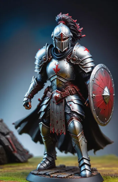 Digital photography, painted miniature, toy, action figure, bloody warrior, wearing dark armor, carrying a damaged shield, helmet with facemask open, artgerm, HDR, 4k, tabletop RPG setting, Cool color palette, ring lighting, full body view <lora:TabletopRay:1> <lora:Oil Gothic Painting Style SDXL_LoRA_Pony Diffusion V6:1>