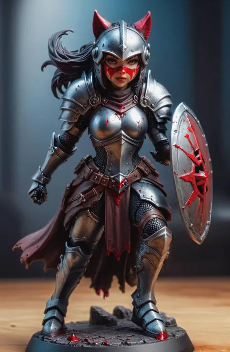 Digital photography, painted miniature, toy, action figure, bloody warrior, wearing dark armor, carrying a damaged shield, helmet with facemask open, catgirl, artgerm, HDR, 4k, tabletop RPG setting, Cool color palette, ring lighting, full body view <lora:TabletopRay:1> <lora:Oil Gothic Painting Style SDXL_LoRA_Pony Diffusion V6:1>
