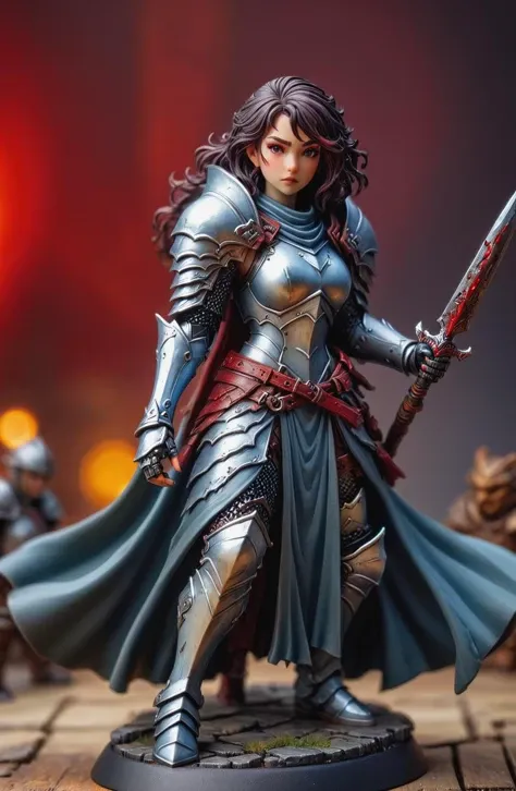 Digital photography, painted miniature, toy, action figure, bloody fantasy character, wearing armor or robes or leather, various armor pieces, artgerm, HDR, 4k, tabletop RPG setting, Cool color palette, ring lighting, full body view <lora:TabletopRay:1> <lora:Oil Gothic Painting Style SDXL_LoRA_Pony Diffusion V6:1>The background features elements in miniature scale