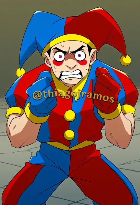 score_9, score_8_up, score_7_up, source_anime, male, JackieChanADV, solo, embarrass, fighting stance, full body, pomniSDXL, looking at viewer, clenched fists, blush, blue eyes, red eyes, gloves, hat, short sleeves, sweat, striped, puffy sleeves, puffy short, multicolored clothes, blue gloves, red gloves, facepaint, jester cap, multicolored headwear, clown, striped clothes, mismatched gloves, circus in background, <lora:JackieChanADV-Pony:1>, <lora:pomni-10:0.8>, front view