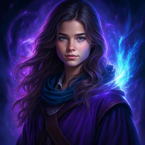 young sorcerer, in the style of Magali villeneuve, dark academia, hyper detailed illustration, loose brushstrokes, vibrant purple and blue color palette
